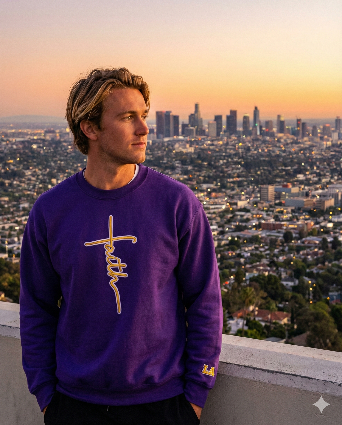 Los Angeles Faith  Purple & Gold 3D Embroidered Crewneck